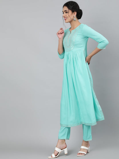 Rayon Sequence 3/4 Sleeve Flared Round Neck Calf Length Kurta Set (Preorder)