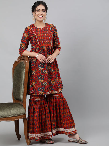 Cotton Hand Work 3/4 Sleeve Flared Round Neck Knee Length Length Kurta Set (Preorder)