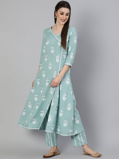 Rayon Slub Printed A-Line 3/4 Sleeve V- Neck Calf Length Kurta Set (Preorder)