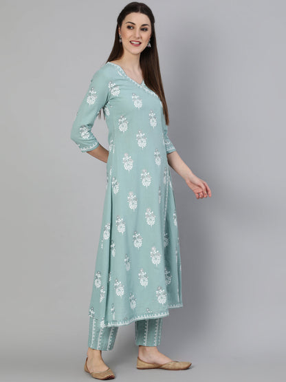 Rayon Slub Printed A-Line 3/4 Sleeve V- Neck Calf Length Kurta Set (Preorder)
