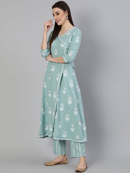 Rayon Slub Printed A-Line 3/4 Sleeve V- Neck Calf Length Kurta Set (Preorder)