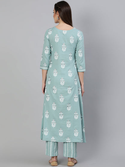 Rayon Slub Printed A-Line 3/4 Sleeve V- Neck Calf Length Kurta Set (Preorder)