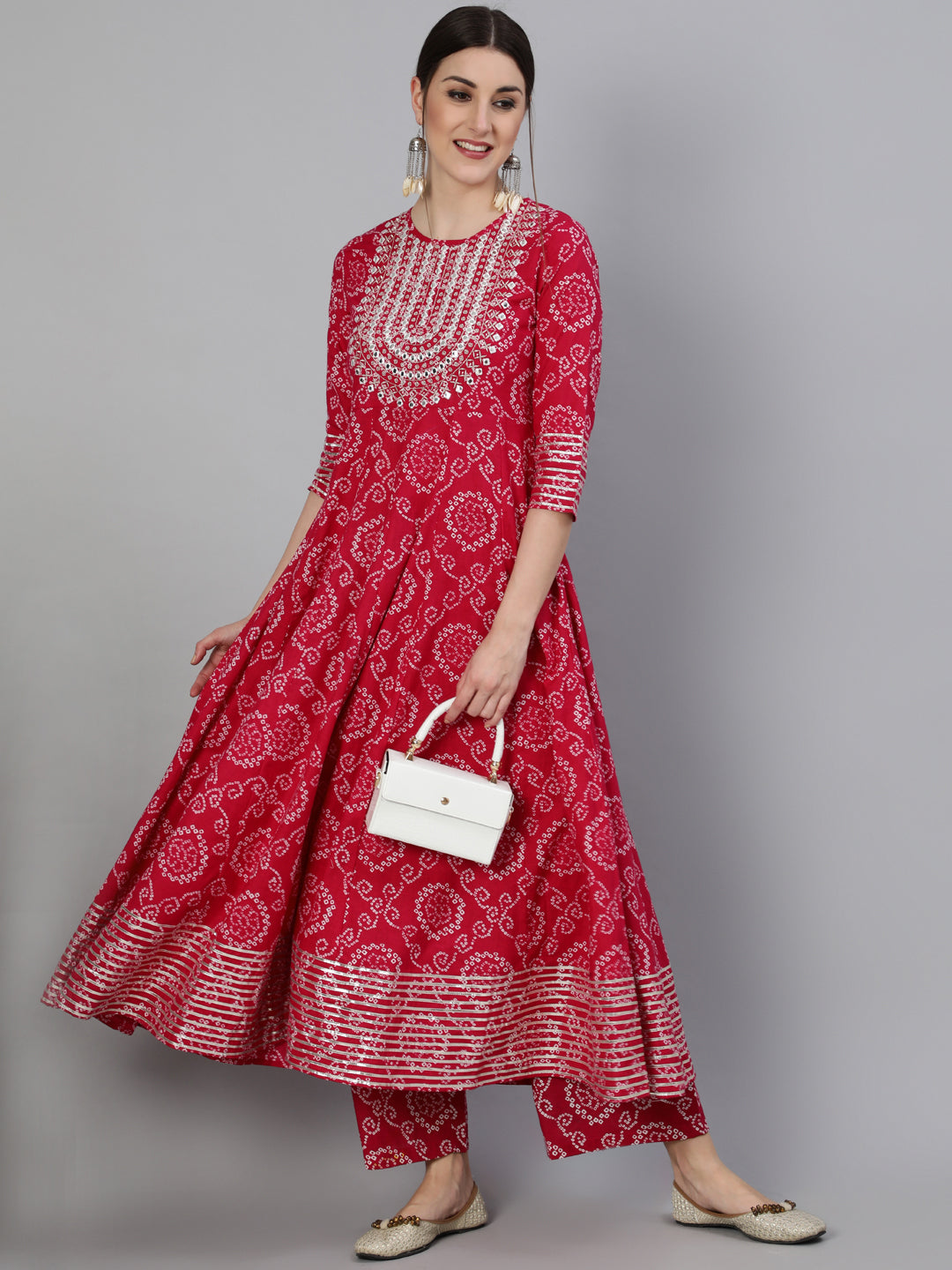 Cotton Mirror Work Anarkali 3/4 Sleeve Round Neck Calf Length Kurta Set (Preorder)