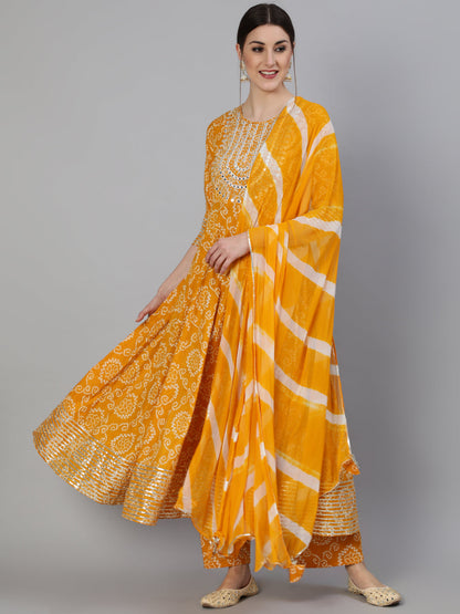Rayon Mirror Work Anarkali 3/4 Sleeve Round Neck Calf Length Kurta Set (Preorder)