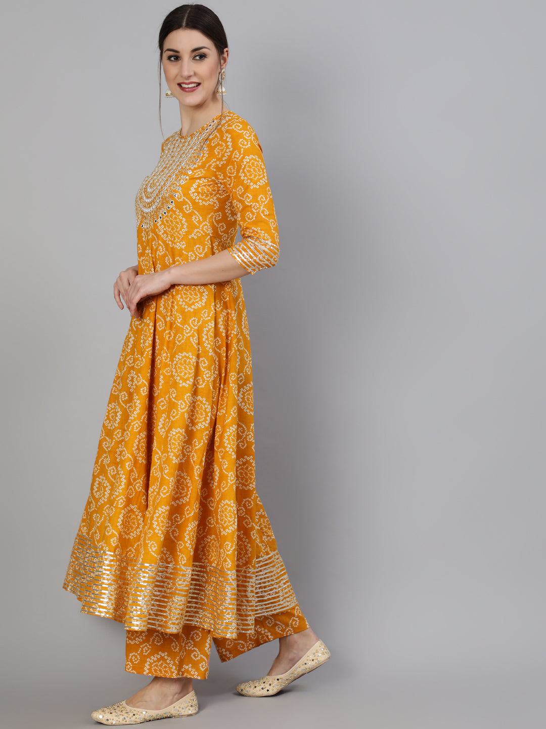 Rayon Mirror Work Anarkali 3/4 Sleeve Round Neck Calf Length Kurta Set (Preorder)