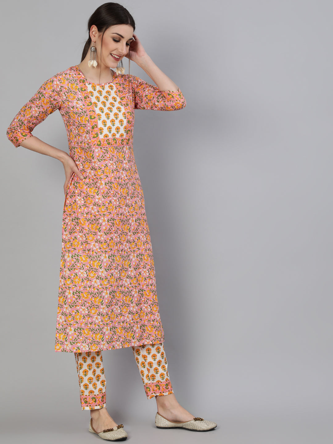 Cotton Printed Straight 3/4 Sleeve Round Neck Calf Length Kurta Set (Preorder)