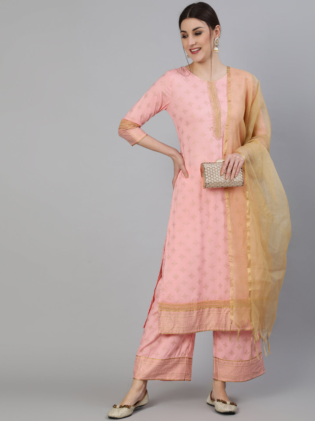 Rayon Zari Work Straight 3/4 Sleeve Round Neck Calf Length Kurta Set (Preorder)