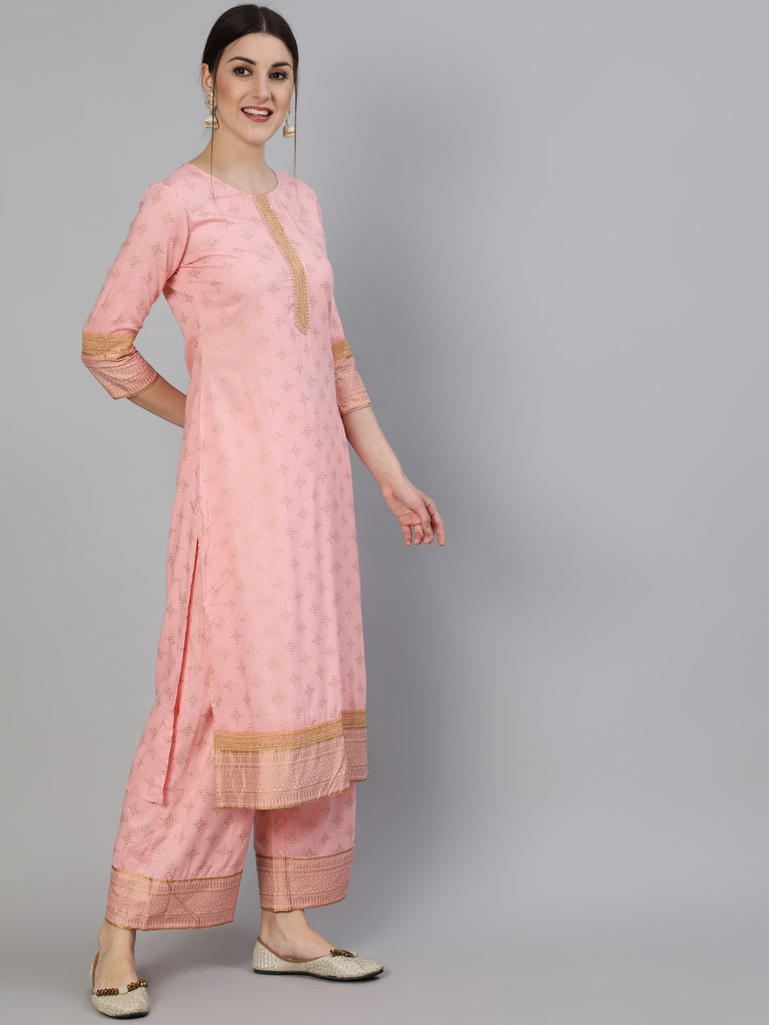 Rayon Zari Work Straight 3/4 Sleeve Round Neck Calf Length Kurta Set (Preorder)