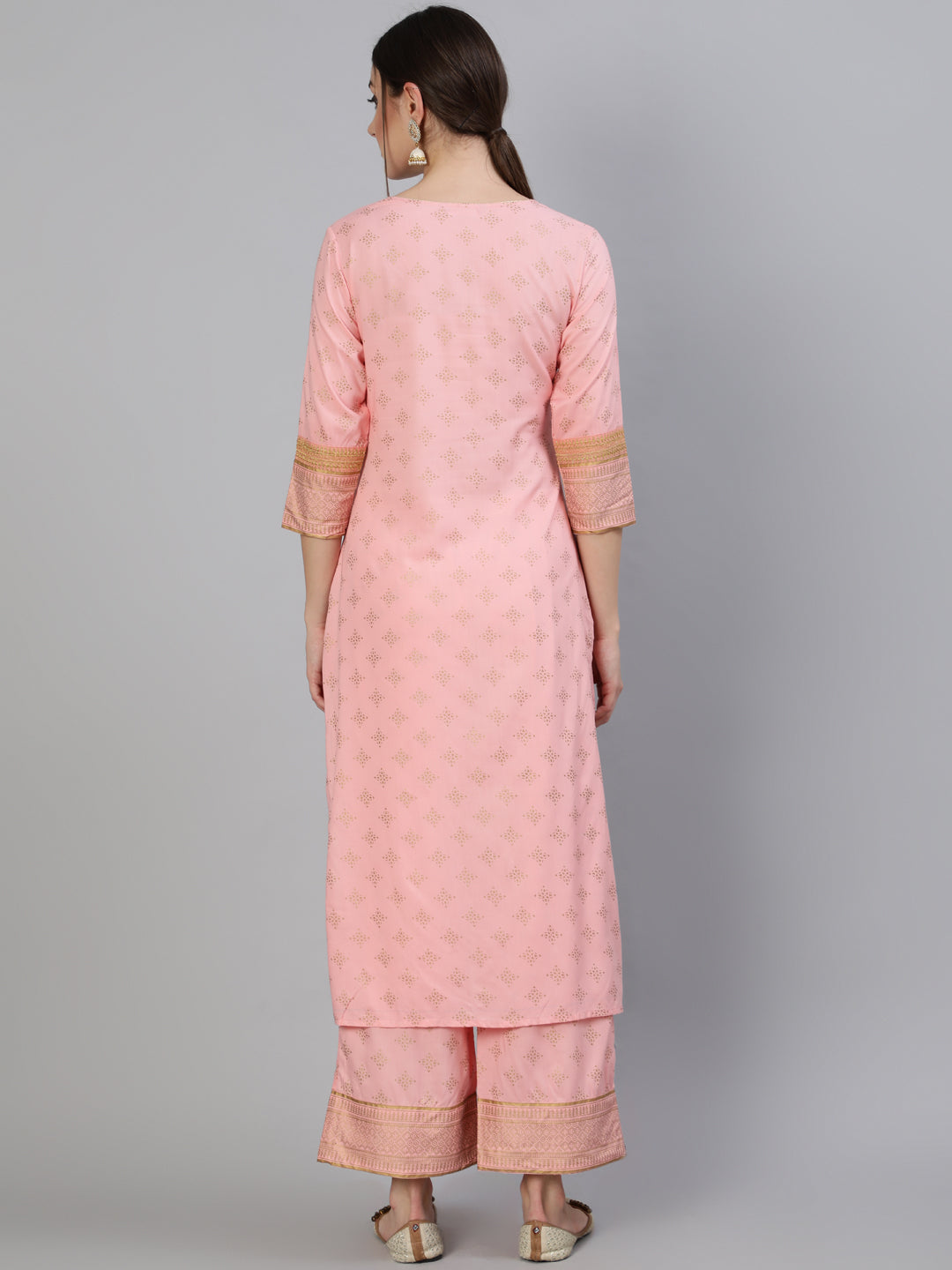 Rayon Zari Work Straight 3/4 Sleeve Round Neck Calf Length Kurta Set (Preorder)