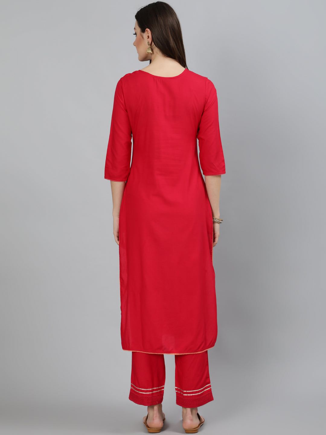 Rayon Slub Embroidered Straight 3/4 Sleeve Round Neck Calf Length Kurta Set (Preorder)