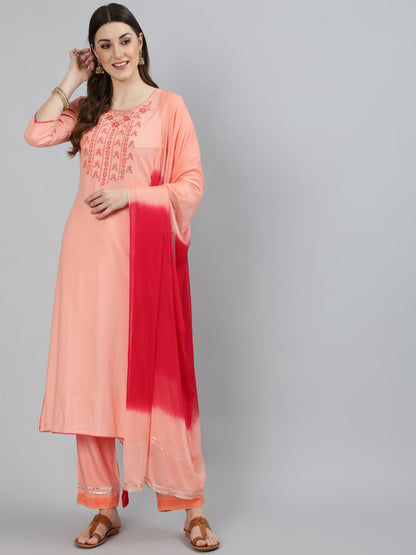 Rayon Slub Embroidered Straight 3/4 Sleeve Round Neck Calf Length Kurta Set (Preorder)