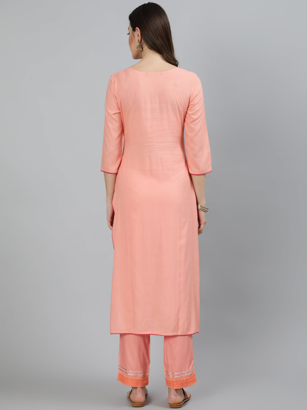 Rayon Slub Embroidered Straight 3/4 Sleeve Round Neck Calf Length Kurta Set (Preorder)