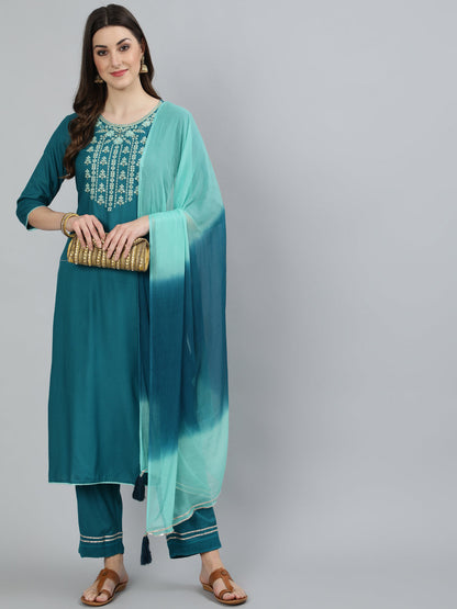 Rayon Embroidered Straight 3/4 Sleeve Round Neck Calf Length Kurta Set (Preorder)