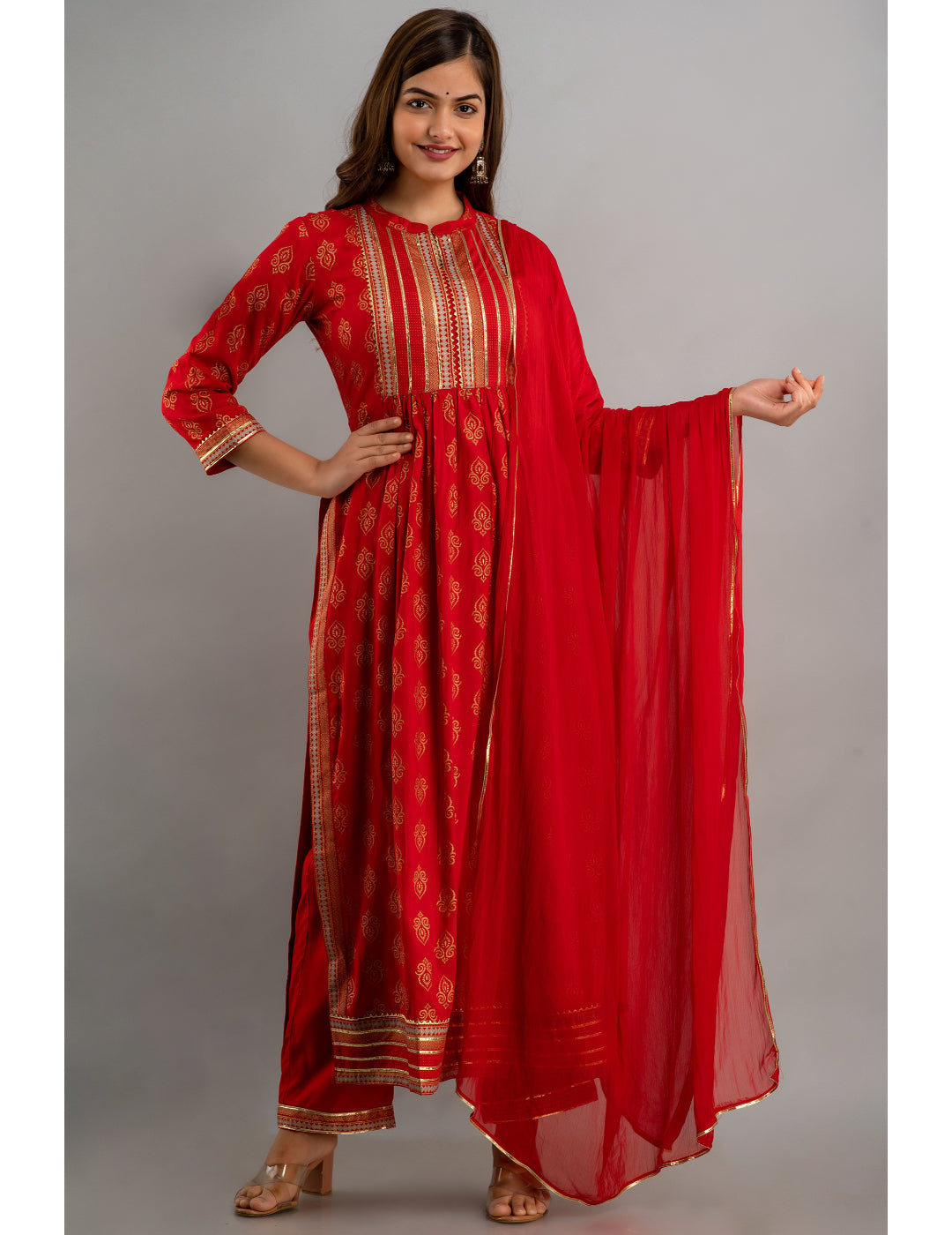 Rayon Embroidered 3/4 Sleeve Flared Round Neck Calf Length Kurta Set (Preorder)