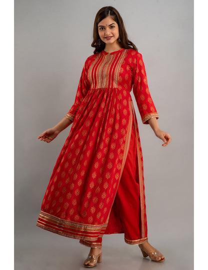 Rayon Embroidered 3/4 Sleeve Flared Round Neck Calf Length Kurta Set (Preorder)