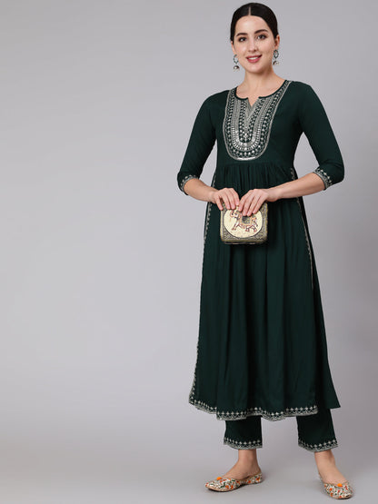 Rayon Calf Length Embroidered Flared 3/4 Sleeve Round Neck Kurta Set (Preorder)