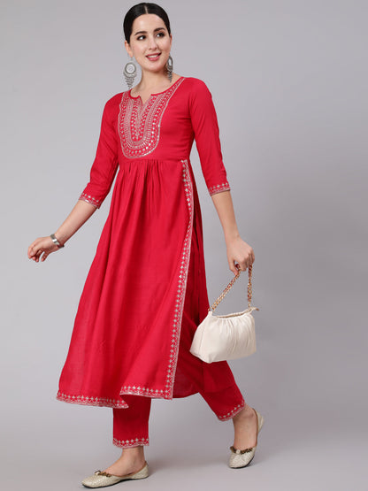 Rayon Calf Length Embroidered Flared 3/4 Sleeve Round Neck Set Kurta Set (Preorder)