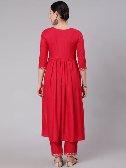 Rayon Calf Length Embroidered Flared 3/4 Sleeve Round Neck Set Kurta Set (Preorder)
