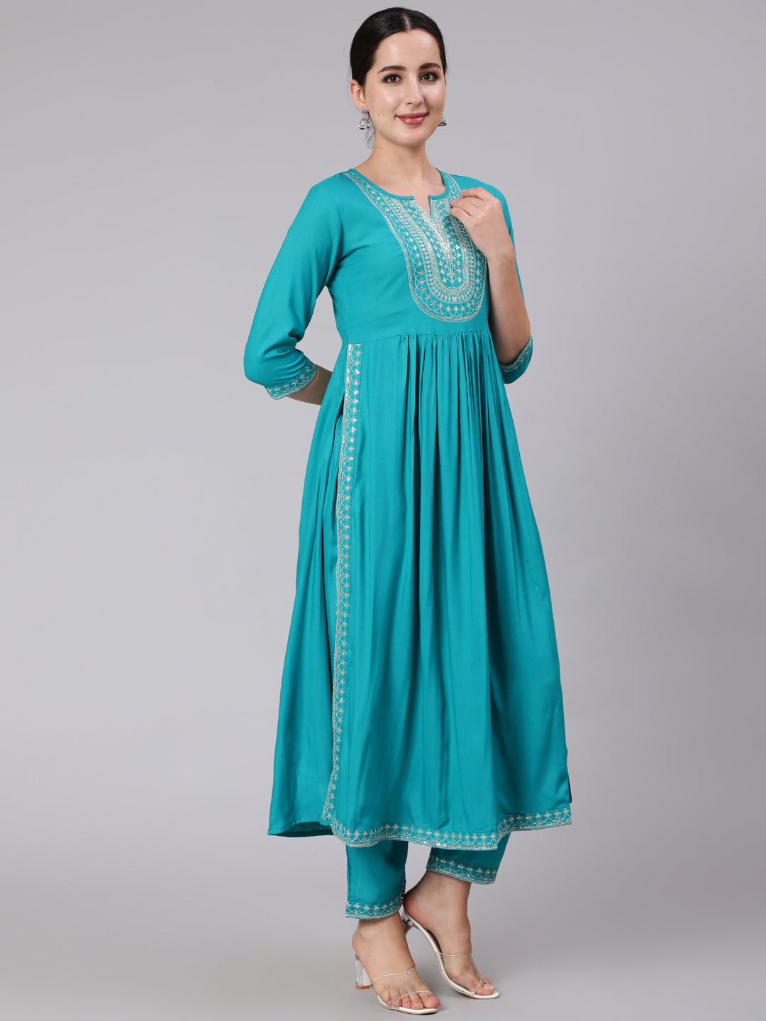 Rayon Calf Length Embroidered Flared 3/4 Sleeve Round Neck Set kurta Set (Preorder)