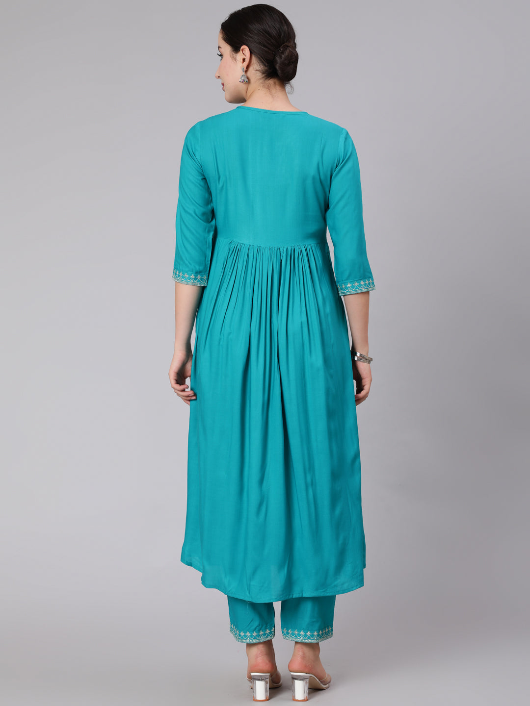 Rayon Calf Length Embroidered Flared 3/4 Sleeve Round Neck Set kurta Set (Preorder)