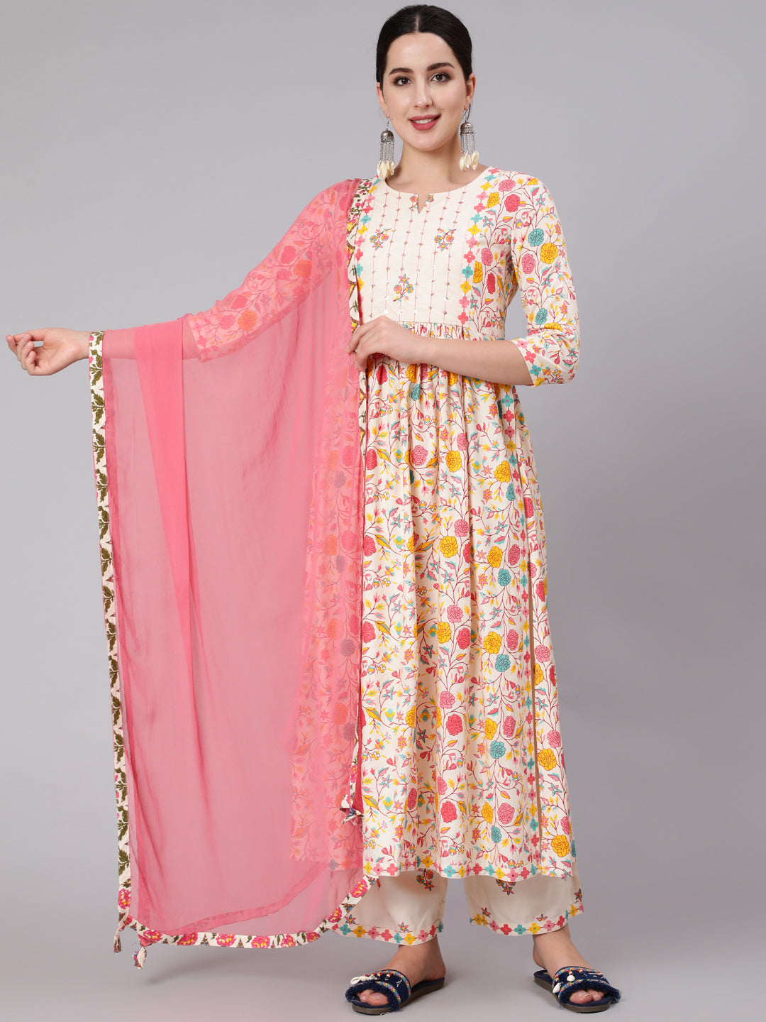 Rayon Calf Length Sequence Flared 3/4 Sleeve Round Neck Kurta Set (Preorder)
