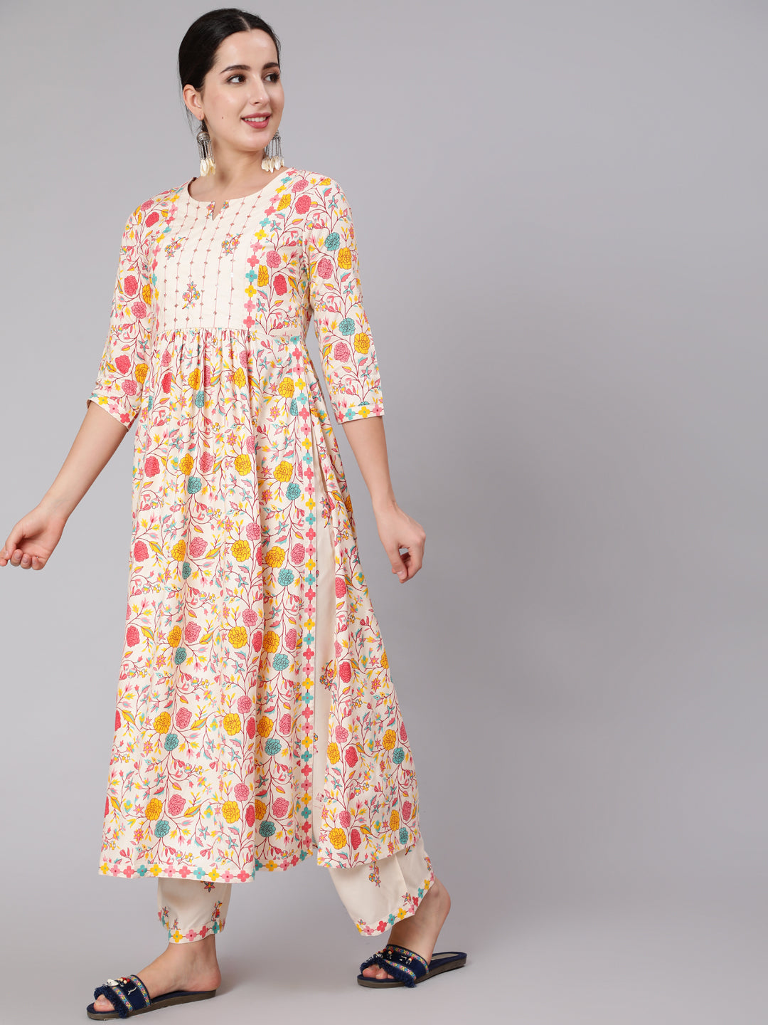 Rayon Calf Length Sequence Flared 3/4 Sleeve Round Neck Kurta Set (Preorder)