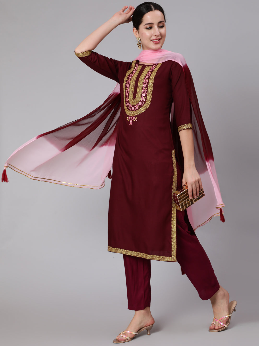 Rayon Calf Length Embroidered Straight 3/4 Sleeve Round Neck Kurta Set (Preorder)