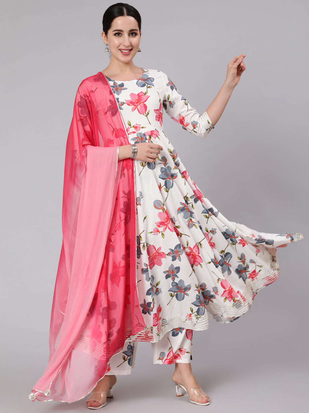 Rayon Calf Length Printed Flared 3/4 Sleeve Round Neck Kurta Set (Preorder)