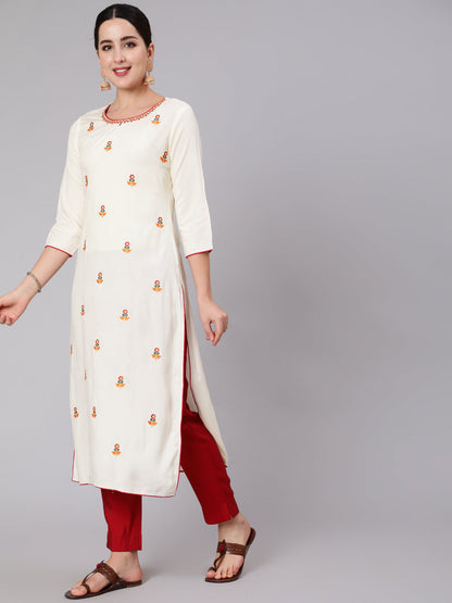 Rayon Calf Length Embroidered Straight 3/4 Sleeve Round Neck Kurta Set (Preorder)