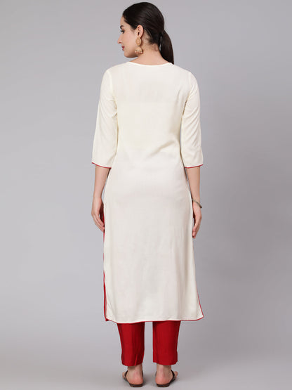 Rayon Calf Length Embroidered Straight 3/4 Sleeve Round Neck Kurta Set (Preorder)