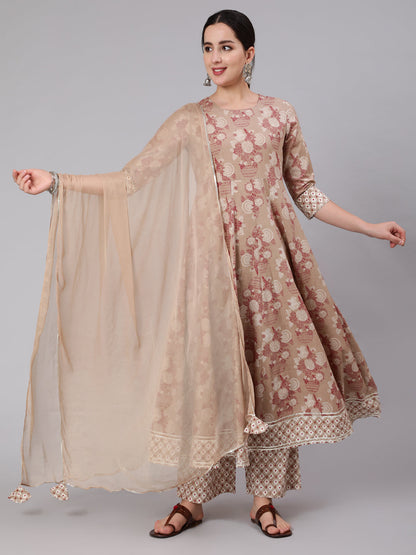 Cotton Calf Length Printed Flared 3/4 Sleeve Round Neck Kurta Set (Preorder)