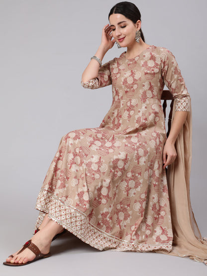 Cotton Calf Length Printed Flared 3/4 Sleeve Round Neck Kurta Set (Preorder)