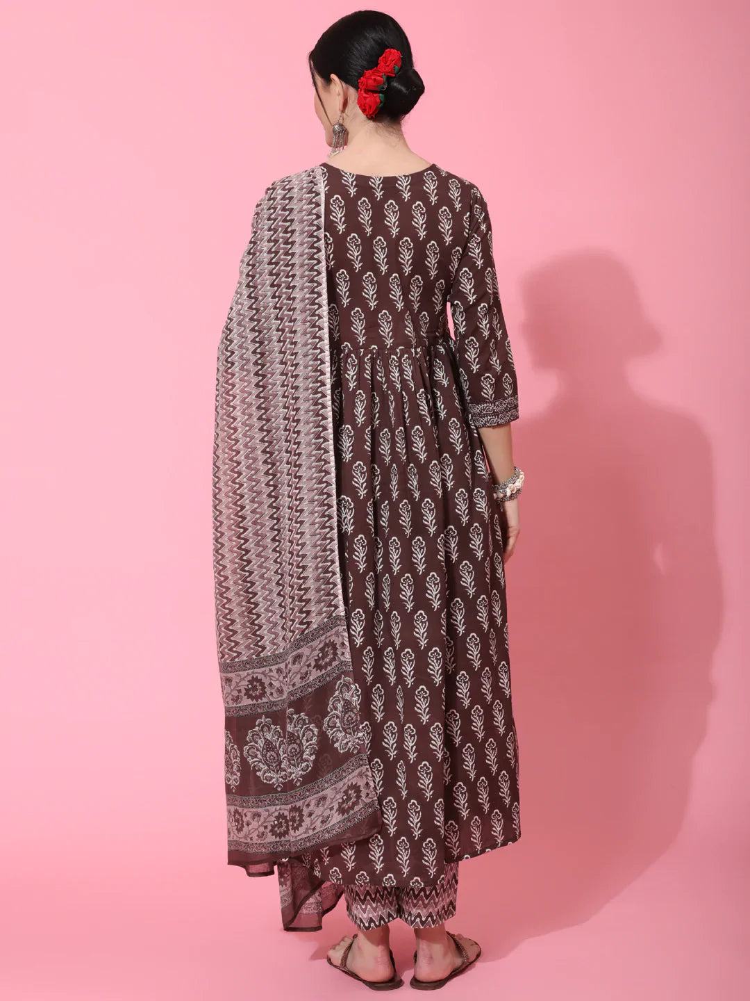 Cotton Calf Length Printed Flared 3/4 Sleeve Round Neck Kurta Bottom Dupatta Set (Preorder)