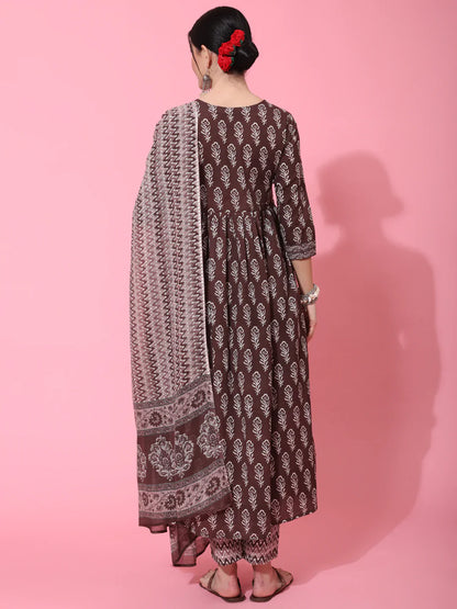 Cotton Calf Length Printed Flared 3/4 Sleeve Round Neck Kurta Bottom Dupatta Set (Preorder)