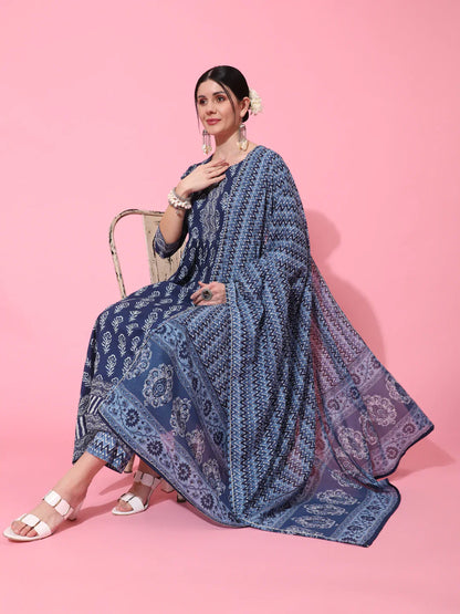 Cotton Calf Length Printed Flared 3/4 Sleeve Round Neck Kurta Bottom Dupatta Set (Preorder)