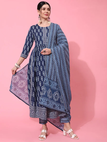 Cotton Calf Length Printed Flared 3/4 Sleeve Round Neck Kurta Bottom Dupatta Set (Preorder)
