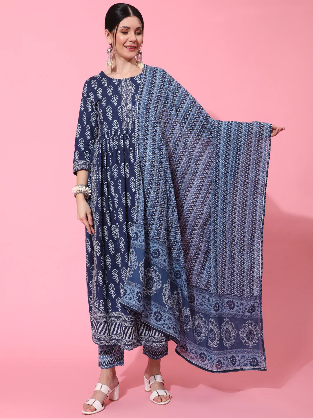 Cotton Calf Length Printed Flared 3/4 Sleeve Round Neck Kurta Bottom Dupatta Set (Preorder)