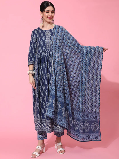 Cotton Calf Length Printed Flared 3/4 Sleeve Round Neck Kurta Bottom Dupatta Set (Preorder)