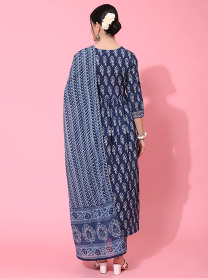 Cotton Calf Length Printed Flared 3/4 Sleeve Round Neck Kurta Bottom Dupatta Set (Preorder)