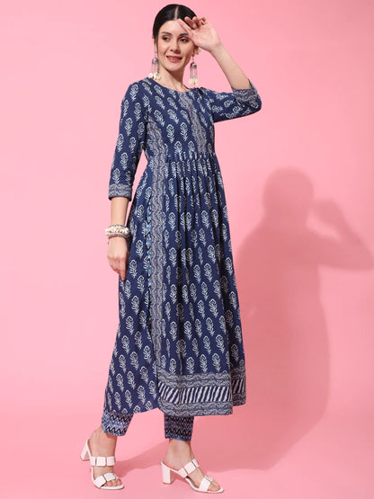 Cotton Calf Length Printed Flared 3/4 Sleeve Round Neck Kurta Bottom Dupatta Set (Preorder)