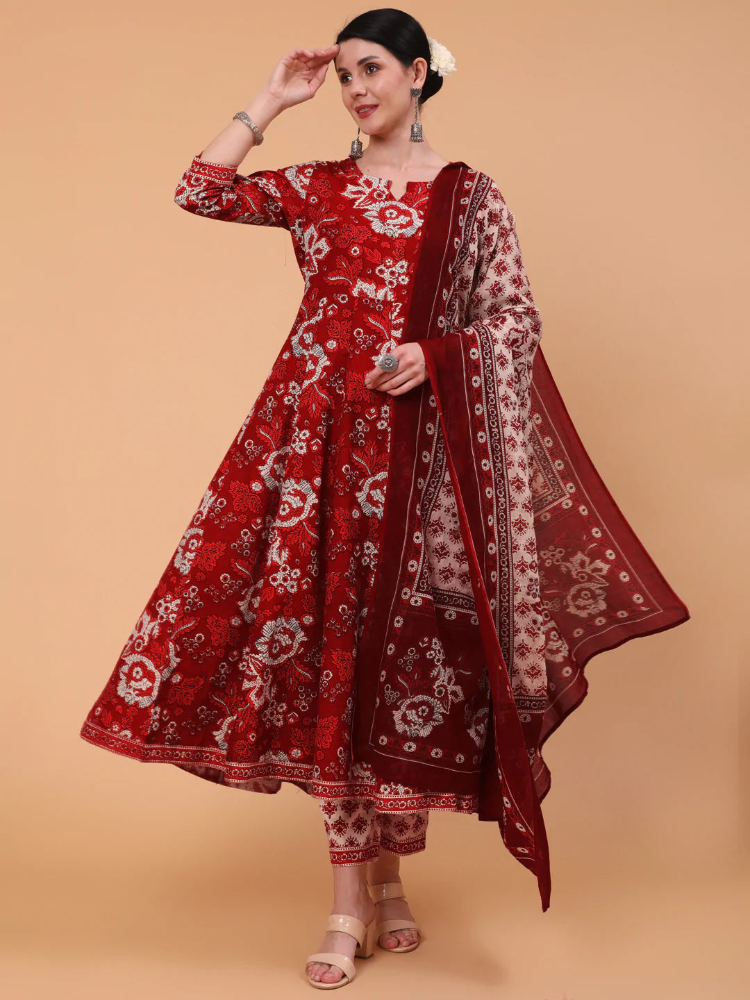 Cotton Calf Length Printed Flared 3/4 Sleeve Round Neck Kurta Bottom Dupatta Set (Preorder)