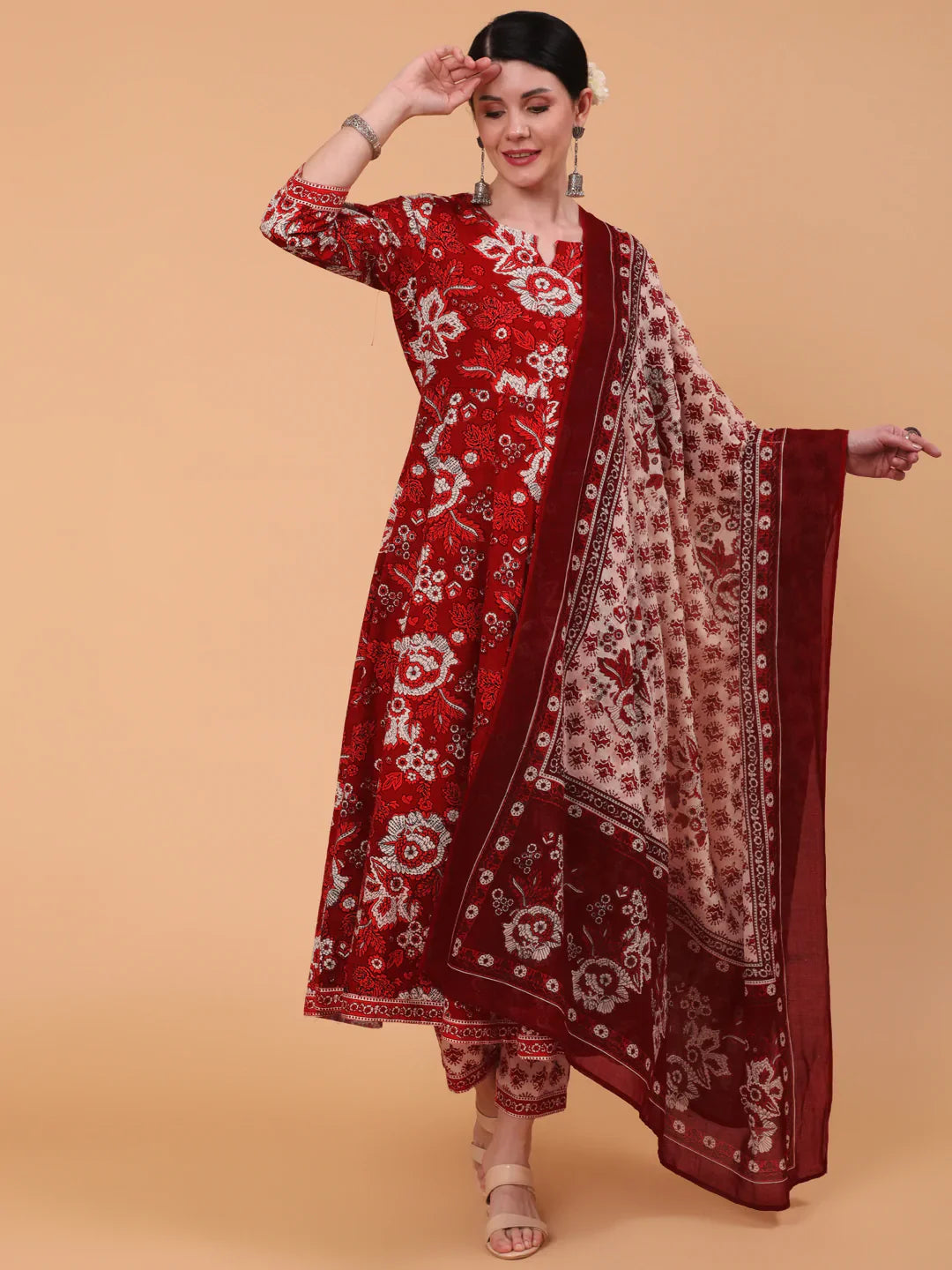 Cotton Calf Length Printed Flared 3/4 Sleeve Round Neck Kurta Bottom Dupatta Set (Preorder)