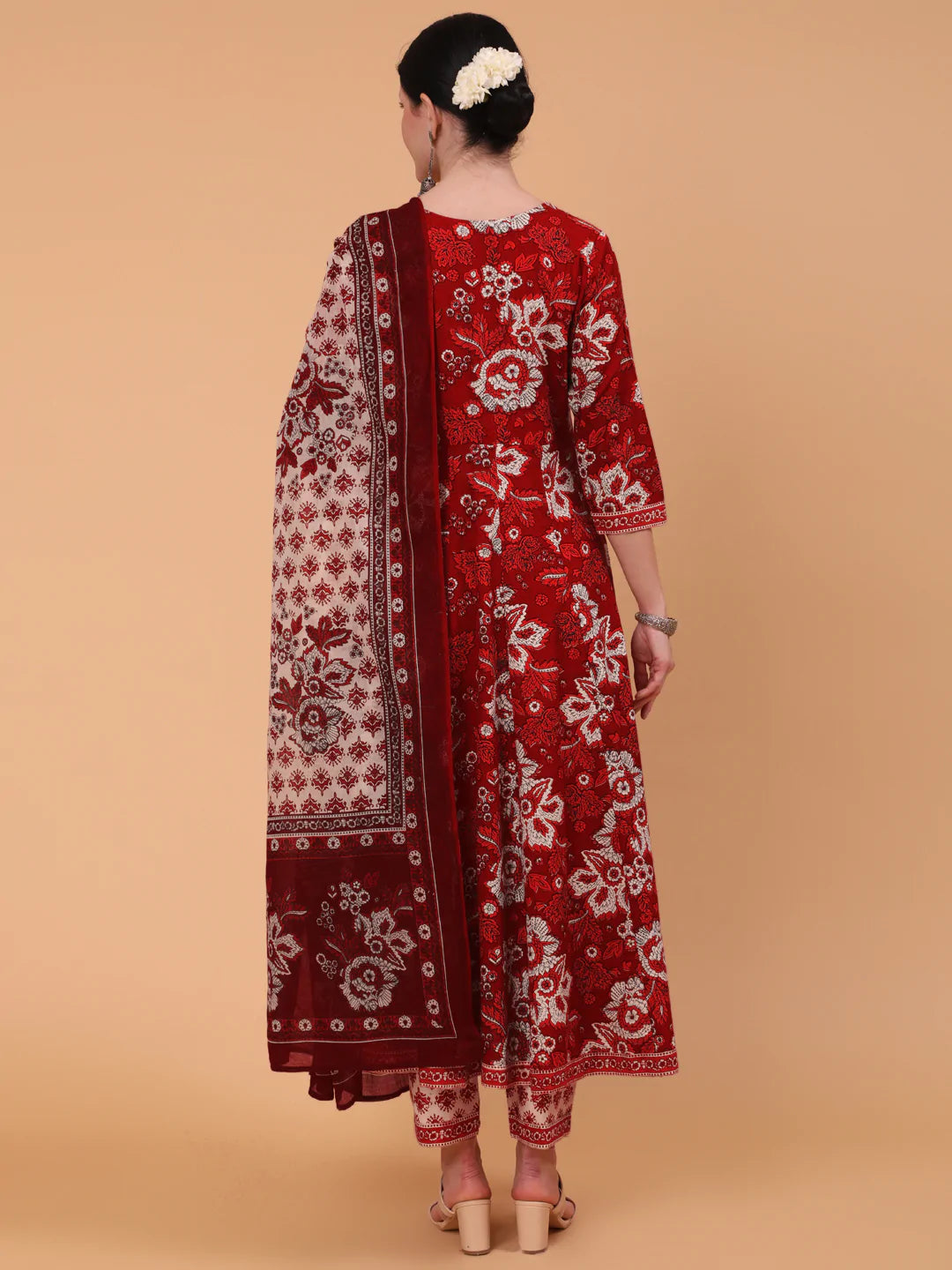 Cotton Calf Length Printed Flared 3/4 Sleeve Round Neck Kurta Bottom Dupatta Set (Preorder)