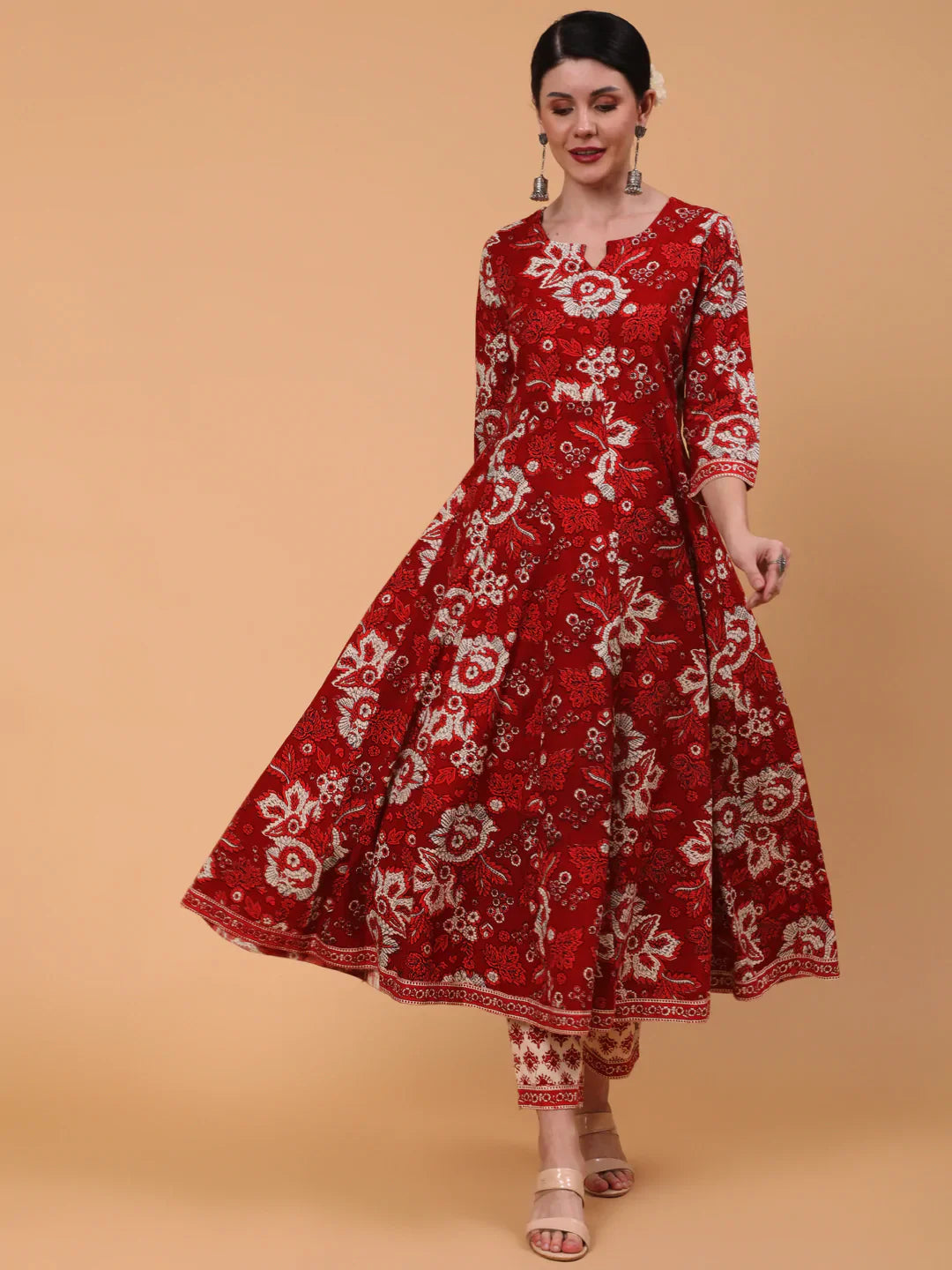 Cotton Calf Length Printed Flared 3/4 Sleeve Round Neck Kurta Bottom Dupatta Set (Preorder)