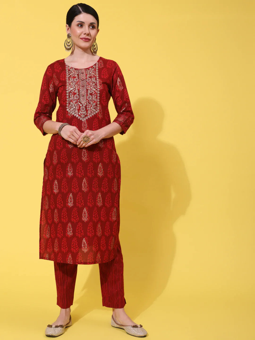 Cotton Calf Length Embroidered Straight 3/4 Sleeve Round Neck Kurta Bottom Dupatta Set (Preorder)