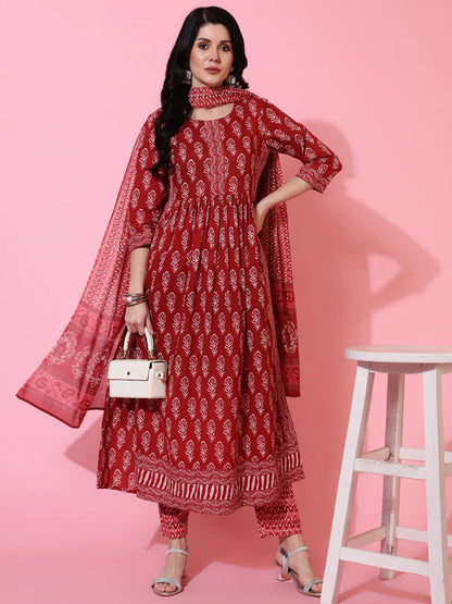 Cotton Calf Length Semi Flared 3/4 Sleeves Printed Round Neck Kurta Bottom Dupatta Set (Preorder)