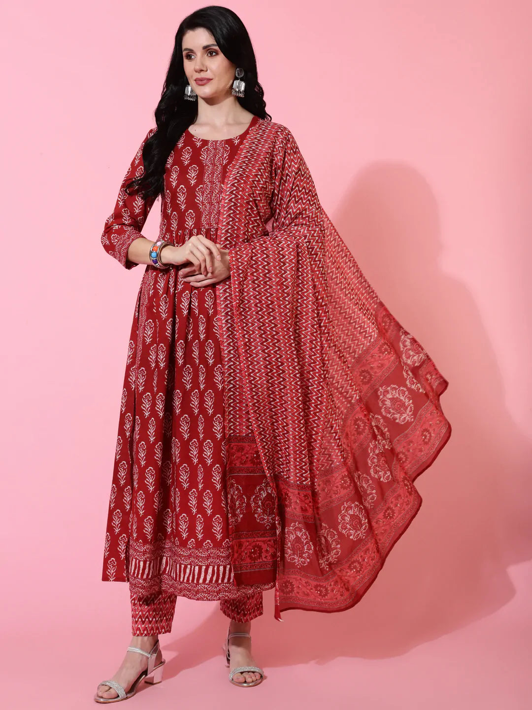 Cotton Calf Length Semi Flared 3/4 Sleeves Printed Round Neck Kurta Bottom Dupatta Set (Preorder)