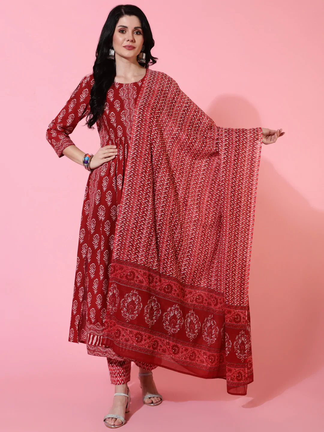Cotton Calf Length Semi Flared 3/4 Sleeves Printed Round Neck Kurta Bottom Dupatta Set (Preorder)
