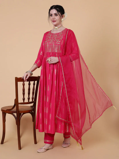 Rayon Calf Length Semi Flared 3/4 Sleeves Printed Round Neck Kurta Bottom Dupatta Set (Preorder)