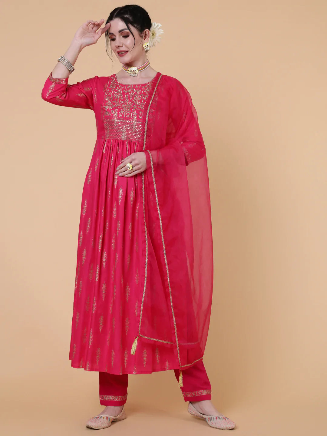Rayon Calf Length Semi Flared 3/4 Sleeves Printed Round Neck Kurta Bottom Dupatta Set (Preorder)